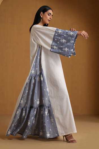 Wazir C_Blue Silk, Linen Embroidery Square Neck Kashmiri Aari Maxi Dress _at_Aza_Fashions