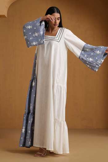 Buy_Wazir C_Blue Silk, Linen Embroidery Square Neck Kashmiri Aari Maxi Dress 