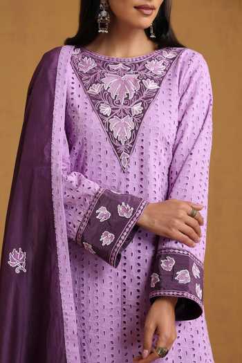 Buy_Wazir C_Purple Organza, Crepe Embroidery Round Neck Kashmiri Aari Kurta Set _Online_at_Aza_Fashions