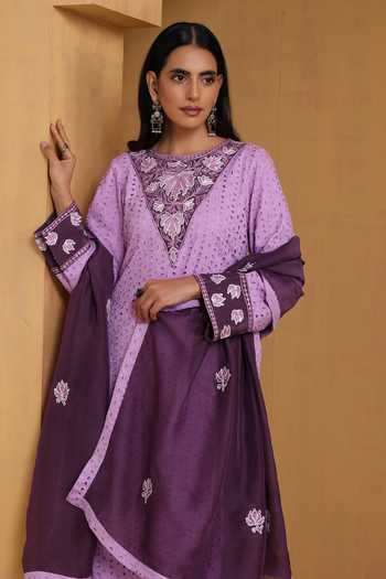 Shop_Wazir C_Purple Organza, Crepe Embroidery Round Neck Kashmiri Aari Kurta Set _Online_at_Aza_Fashions