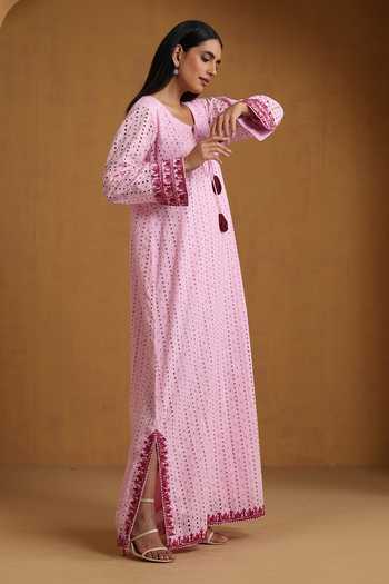 Wazir C_Pink Embroidery Round Neck Kashmiri Aari Dress _Online_at_Aza_Fashions