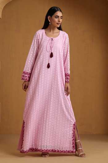 Shop_Wazir C_Pink Embroidery Round Neck Kashmiri Aari Dress _Online_at_Aza_Fashions