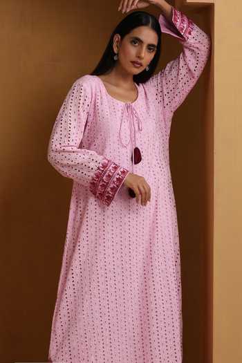 Wazir C_Pink Embroidery Round Neck Kashmiri Aari Dress _at_Aza_Fashions