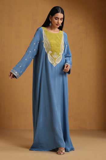Buy_Wazir C_Blue Crepe Embroidery, Zari Round Neck Kashmiri Tilla Dress _Online_at_Aza_Fashions