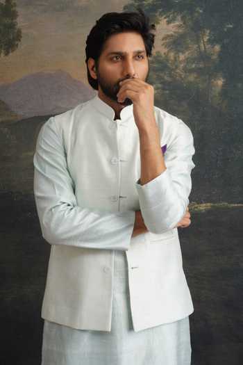 Shop_Thetaa_Green Silk, Cotton Mirrors Work Kurta Set _Online_at_Aza_Fashions