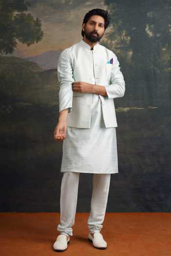 Thetaa_Green Silk, Cotton Mirrors Work Kurta Set _at_Aza_Fashions