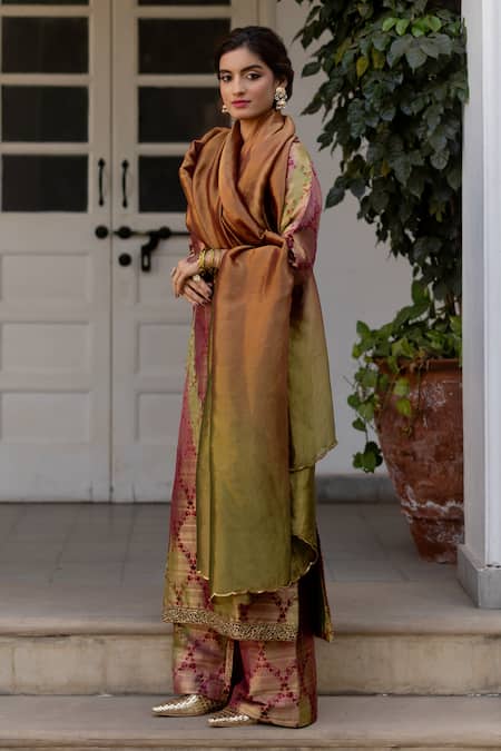Mimamsaa Olive Green Brocade Razia Checkered Woven Kurta Set at Aza Fashions Mimamsaa_Olive Green Brocade Razia Checkered Woven Kurta Set _at_Aza_Fashions