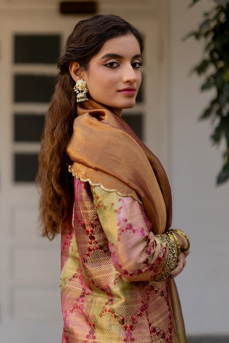 Buy Mimamsaa Olive Green Brocade Razia Checkered Woven Kurta Set Buy_Mimamsaa_Olive Green Brocade Razia Checkered Woven Kurta Set