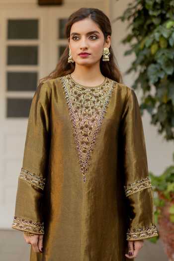 Shop_Mimamsaa_Gold Silk, Tissue Embroidery, Zari Round Neck Noor Neckline Kurta And Pant Set _Online_at_Aza_Fashions