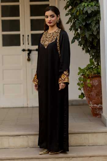 Mimamsaa_Black Silk, Satin Embroidery, Zari, Stones Yalina Neckline Kurta And Pant Set _Online_at_Aza_Fashions