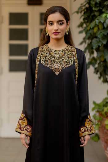Shop_Mimamsaa_Black Silk, Satin Embroidery, Zari, Stones Yalina Neckline Kurta And Pant Set _Online_at_Aza_Fashions