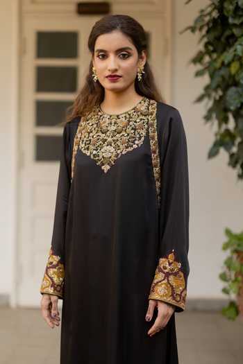Mimamsaa_Black Silk, Satin Embroidery, Zari, Stones Yalina Neckline Kurta And Pant Set _at_Aza_Fashions
