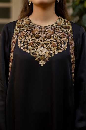Buy_Mimamsaa_Black Silk, Satin Embroidery, Zari, Stones Yalina Neckline Kurta And Pant Set 