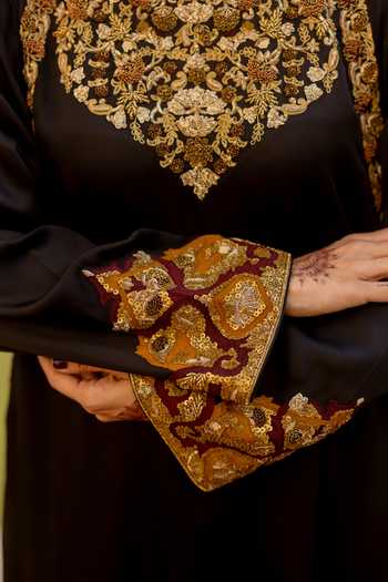 Shop_Mimamsaa_Black Silk, Satin Embroidery, Zari, Stones Yalina Neckline Kurta And Pant Set 