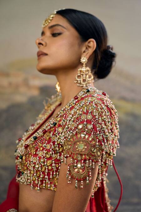 Itrh_Red Silk, Organza Zari, Stones, Embroidery, Beads, Lalima Jadau Lehenga Set _Online_at_Aza_Fashions