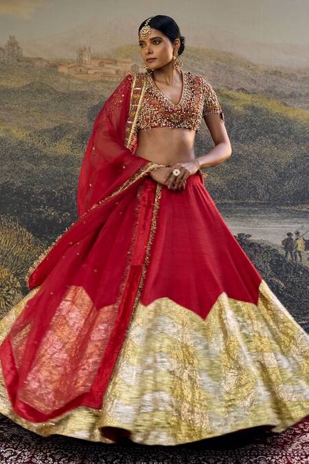 Shop_Itrh_Red Silk, Organza Zari, Stones, Embroidery, Beads, Lalima Jadau Lehenga Set _Online_at_Aza_Fashions