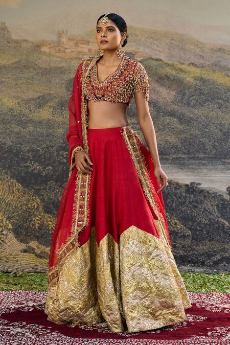 Itrh_Red Silk, Organza Zari, Stones, Embroidery, Beads, Lalima Jadau Lehenga Set _at_Aza_Fashions