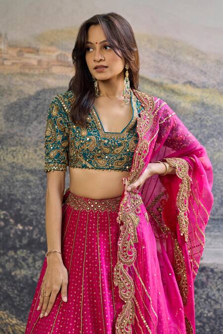 Buy_Itrh_Fuchsia Crepe, Silk, Organza Embroidery, Sequins, Zari, Aarunya Lehenga Set _Online_at_Aza_Fashions