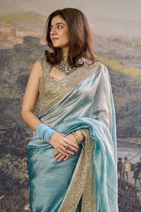 Itrh_Turquoise Tissue Embroidery, Zari Shobhana Saree Set _Online_at_Aza_Fashions