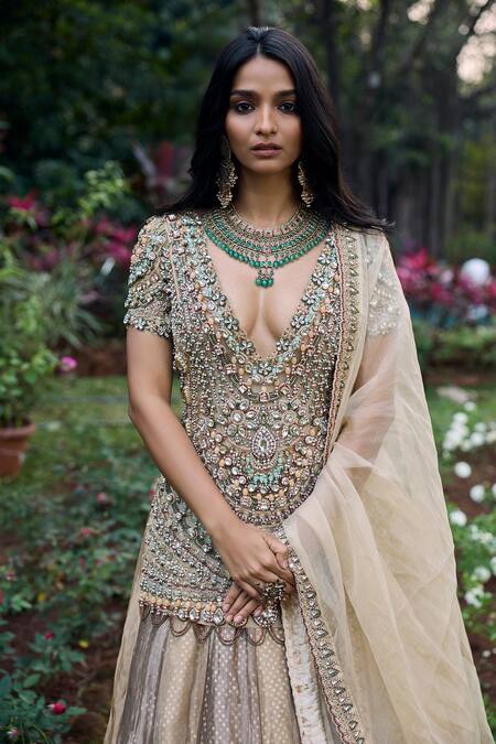 Itrh_Ivory Organza, Tissue Embroidery, Sequins, Stones, Noor-e-zar Jadau Lehenga Set _Online_at_Aza_Fashions