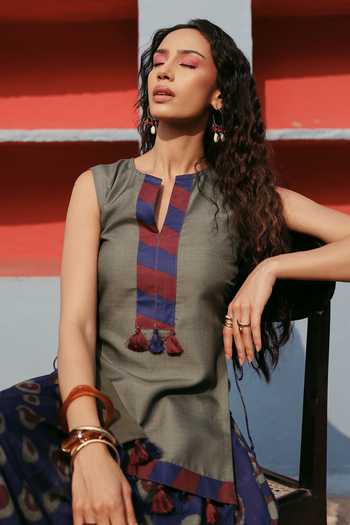 Shop_ZiP by Payal & Zinal_Olive Green Cotton Tassels Split V-neck Boho Tunic And Printed Blue Skirt Set _Online_at_Aza_Fashions