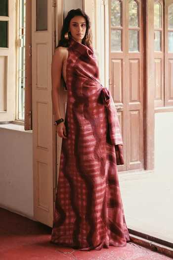 Shop ZiP by Payal & Zinal Brown Cowl Neck Choco Bling Zigzag Print Draped Dress Online at Aza Fashions Shop_ZiP by Payal & Zinal_Brown Cowl Neck Choco Bling Zigzag Print Draped Dress _Online_at_Aza_Fashions