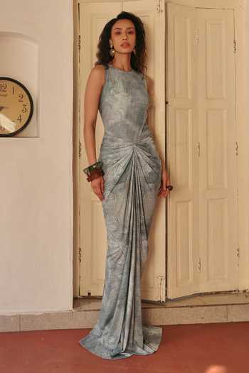 ZiP by Payal & Zinal_Blue Jersey High Neck Cinderela Glam Bodysuit And Draped Skirt Set _Online_at_Aza_Fashions
