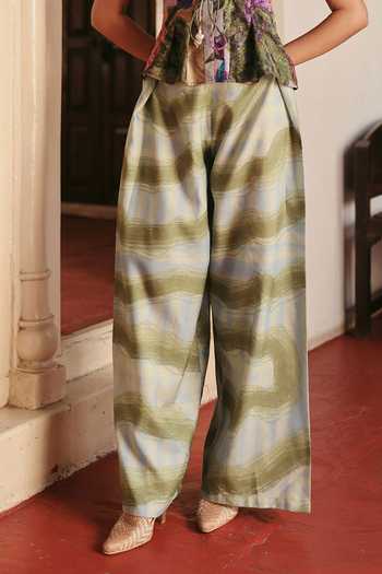 ZiP by Payal & Zinal_Multi Color Linen V-neck Printed Peplum Top And Pant Set _Online_at_Aza_Fashions