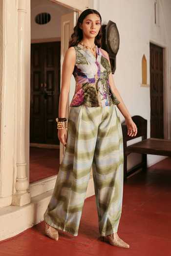 ZiP by Payal & Zinal_Multi Color Linen V-neck Printed Peplum Top And Pant Set _at_Aza_Fashions