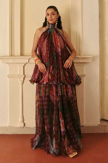 ZiP by Payal & Zinal_Wine Halter Neck Imli Glam Fruit Print Flowy Top _Online_at_Aza_Fashions