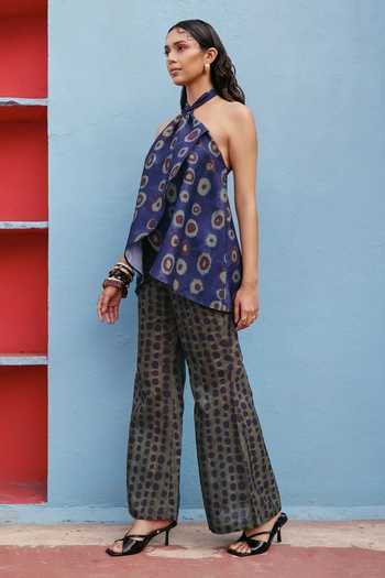 ZiP by Payal & Zinal_Blue Cotton Halter Neck Pebble Pal Top And Pant Set _at_Aza_Fashions
