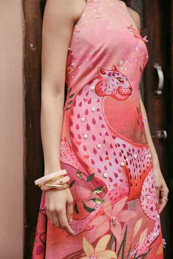 Buy_ZiP by Payal & Zinal_Pink Cotton, Denim Halter Neck Ponky Artistic Print Dress _Online_at_Aza_Fashions