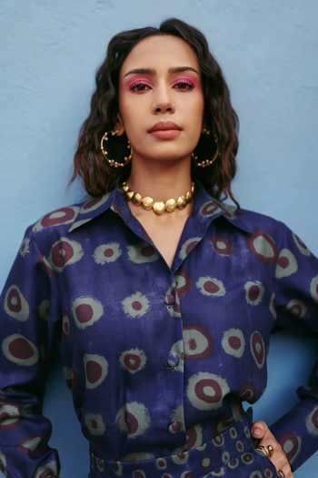 Buy_ZiP by Payal & Zinal_Blue Linen Collared Poppins Printed Blazer And Shorts Set _Online_at_Aza_Fashions