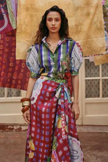 Buy_ZiP by Payal & Zinal_Multi Color Linen Collared Retro Rani Puff Sleeve Top And Skirt Set _Online_at_Aza_Fashions