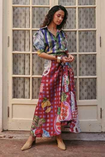 Shop_ZiP by Payal & Zinal_Multi Color Linen Collared Retro Rani Puff Sleeve Top And Skirt Set _Online_at_Aza_Fashions