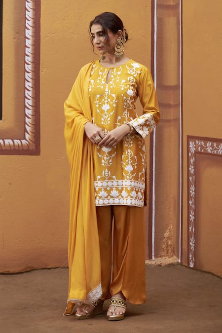 Thetaa_Yellow Cotton, Satin, Chanderi Silk Embroidery Lotus Thread Work Kurta Set _at_Aza_Fashions
