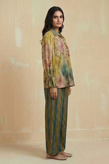 Buy_Kalista_Mustard Pure Cotton Collared Stella Floral Pattern Shirt And Pant Set _Online_at_Aza_Fashions