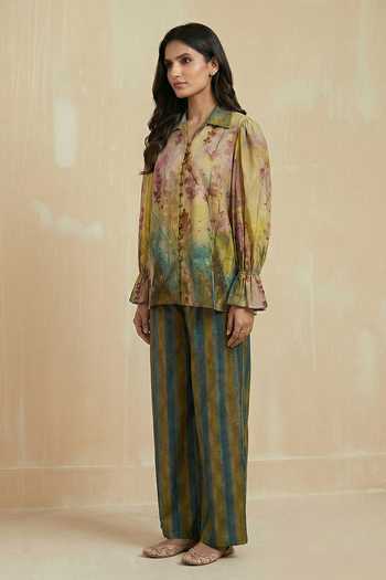 Shop_Kalista_Mustard Pure Cotton Collared Stella Floral Pattern Shirt And Pant Set _Online_at_Aza_Fashions