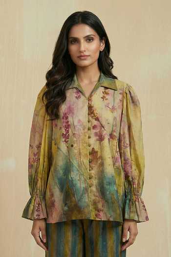 Kalista_Mustard Pure Cotton Collared Stella Floral Pattern Shirt And Pant Set _at_Aza_Fashions
