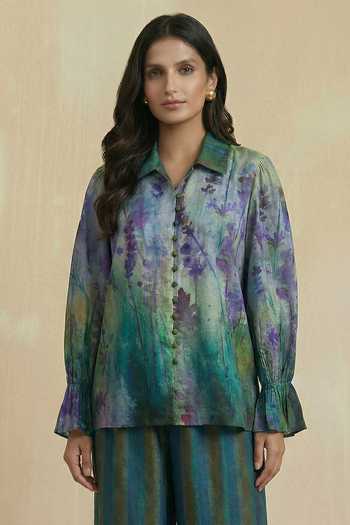 Buy_Kalista_Blue Pure Cotton Collared Stella Floral Print Shirt And Pant Set _Online_at_Aza_Fashions