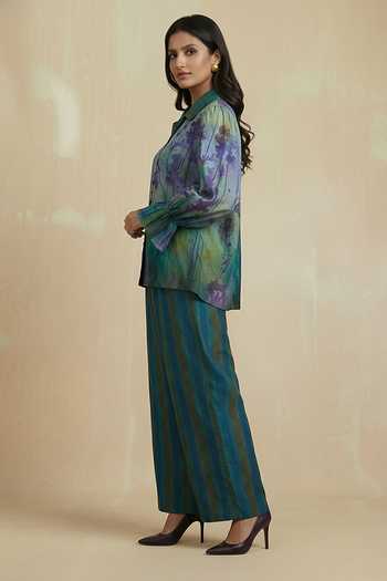 Kalista_Blue Pure Cotton Collared Stella Floral Print Shirt And Pant Set _at_Aza_Fashions