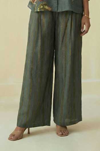 Kalista_Green Silk, Cotton Collared Lyra Shirt And Pant Set _Online_at_Aza_Fashions