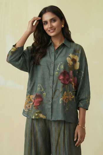 Buy_Kalista_Green Silk, Cotton Collared Lyra Shirt And Pant Set _Online_at_Aza_Fashions