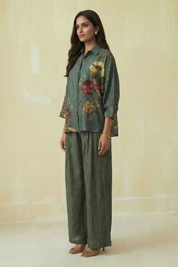 Shop_Kalista_Green Silk, Cotton Collared Lyra Shirt And Pant Set _Online_at_Aza_Fashions