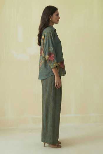 Kalista_Green Silk, Cotton Collared Lyra Shirt And Pant Set _at_Aza_Fashions