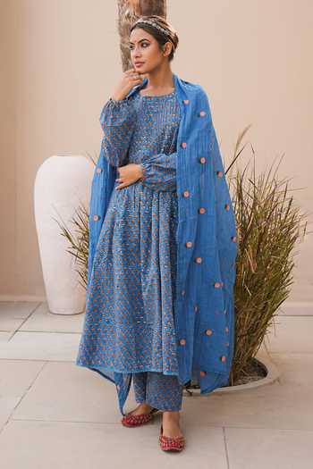 Shop_Gulabo Jaipur_Blue Cotton, Cambric Round Neck, Yes Rida Printed Kurta Set 