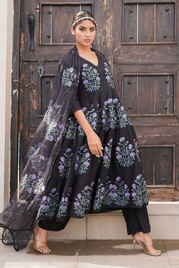 Shop_Gulabo Jaipur_Black Cotton, Cambric Embroidery V-neck Wafa Floral Print Anarkali Set _Online_at_Aza_Fashions