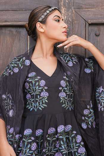 Gulabo Jaipur_Black Cotton, Cambric Embroidery V-neck Wafa Floral Print Anarkali Set _at_Aza_Fashions