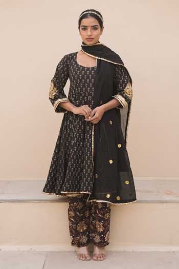 Gulabo Jaipur_Black Cotton, Cambric Embroidery, Zari, Mirrors Ira Printed Anarkali Pant Set _Online_at_Aza_Fashions