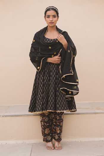 Shop_Gulabo Jaipur_Black Cotton, Cambric Embroidery, Zari, Mirrors Ira Printed Anarkali Pant Set _Online_at_Aza_Fashions